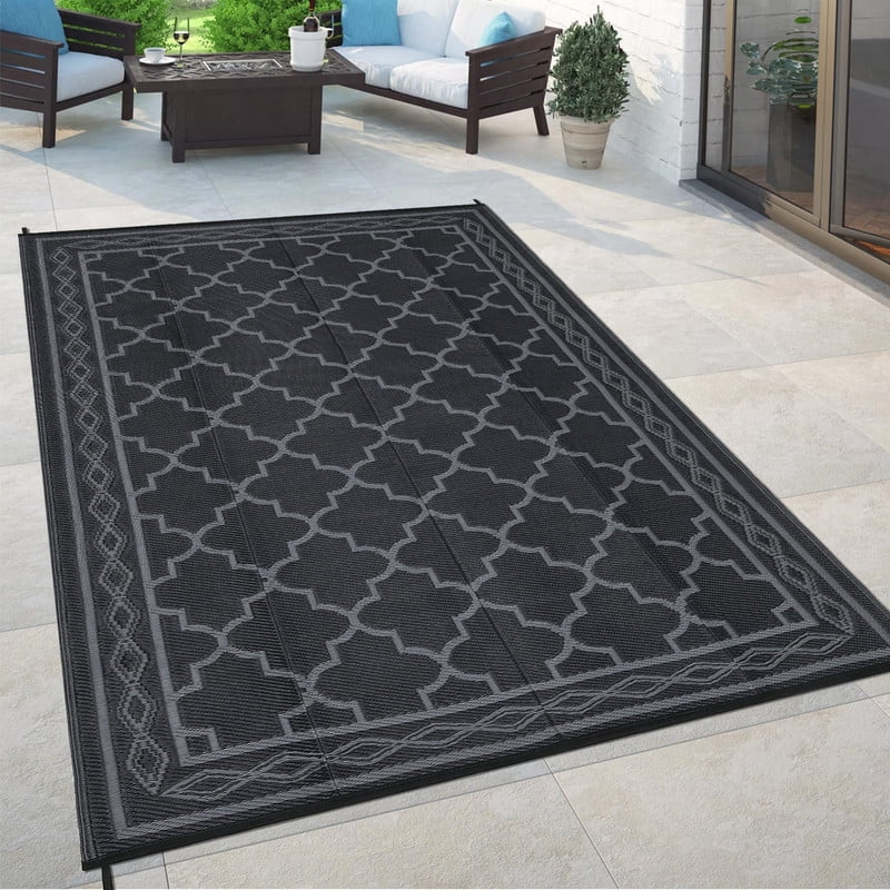 Towallmark 8x10 Outdoor Rug Waterproof, Reversible Patio Mat, Plastic Straw Area Rugs for Outside Deck Porch Balcony, Foldable Carpet for RV Camping Beach Picnic, Black&Grey