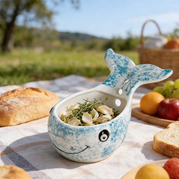 Whale Shaped Herb Stripper Bowl | Handmade Kitchen Tool with 4 Sizes of Holes | Ceramic Herb Stripper & Decorative Catch-All Bowl for Home Cooks | Kitchen Counter Organizer