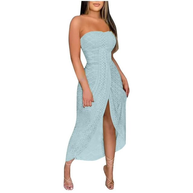 2025 Eyelet Sleeveless Tube Cocktail Party Dress Wrap Asymmetrical Beach Long Dress Ruched Bodycon Strapless Off Shoulder Sun Dresses with Slit