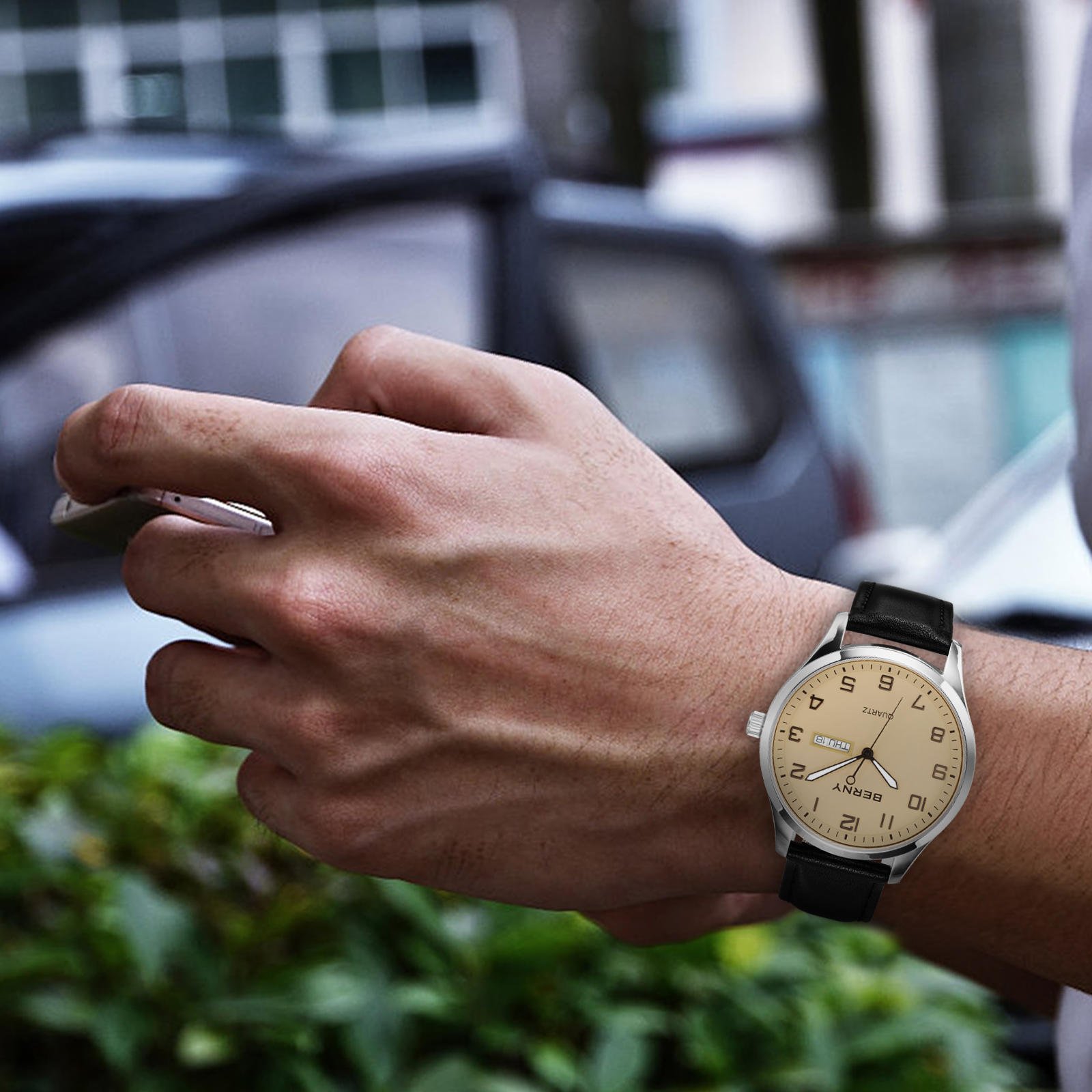 BERNY Modern Quartz Watch for Men Casual Easy Read Wristwatch with Arabic Numeral Watch Dial, Genuine Leather Strap and Day & Date Calendar-Gray Dial