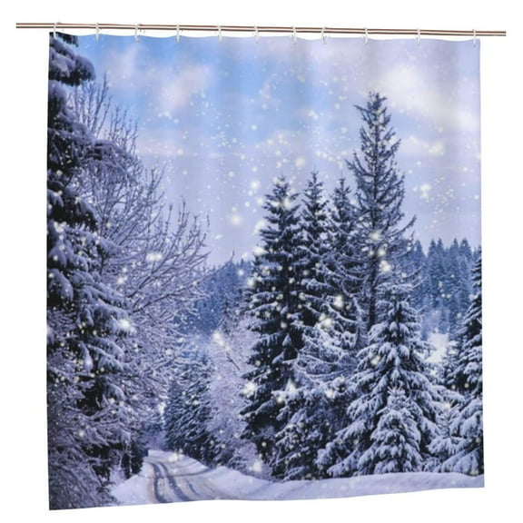 JOOCAR Winter Shower Curtain, Purple Christmas Forest Mountain Scenery Snow Covered Tree Seasonal Shower Curtain Set, Waterproof Polyester Fabric  72x72 Inches with Hooks