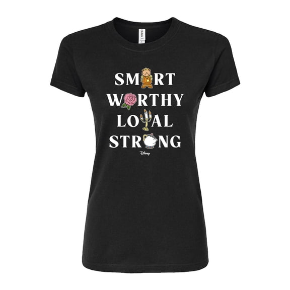 Disney Beauty & The Beast - Smart Worthy Loyal Strong - Juniors Fitted Graphic T-Shirt