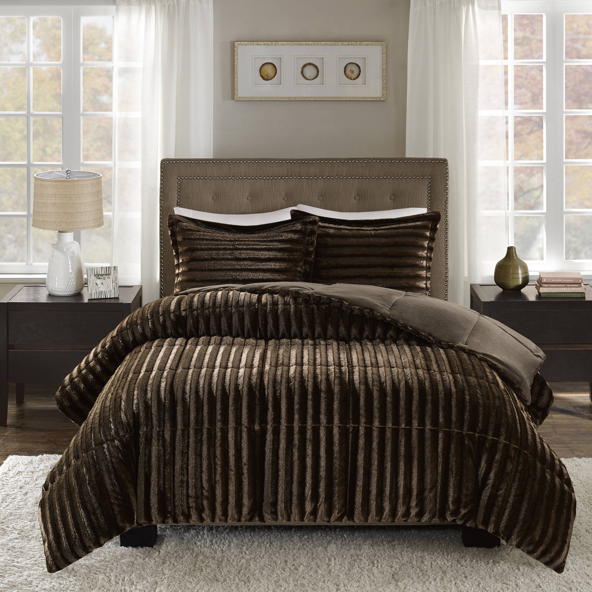 Home Essence York Faux Fur 3 Piece Solid Comforter Set Walmart Com