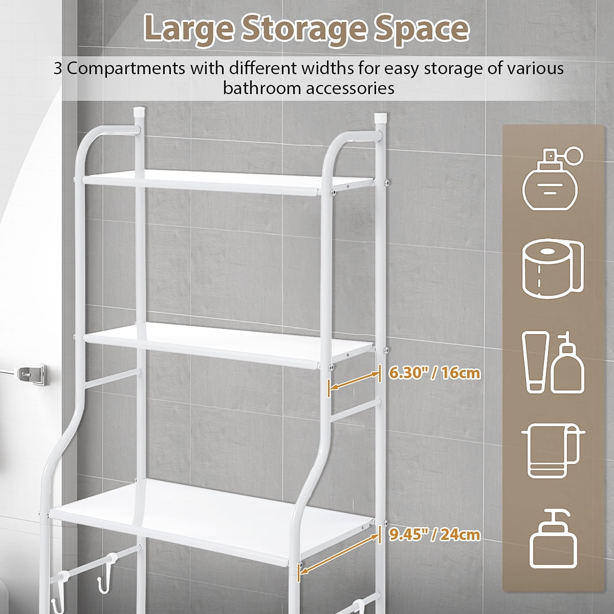 "HONEIER 3Tier Over The Toilet Storage, Bathroom Organizer, Space Saver, Freestanding Shelves, 22""W(图3)