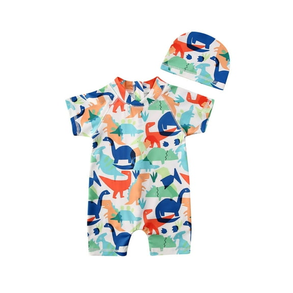Little Boys Swimsuit with Swim Hat, Toddler Baby Boys Short Sleeve Zipper Up Swimwear Dinosaur Printed Jumpsuit