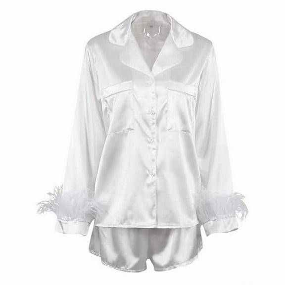 FRSASU Pajamas Set for Women with Feather Cuffs, Satin Long Sleeve Button Down Sleepwear Nightwear Loungewear Soft Sets White