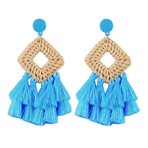 Pendientes de ratán bohemio clásico Geométrico Hecho a mano Hoop Hoop Moda Atractiva Oreja Colgantes para Mujeres Niñas Azul 2 paquetes Methold AP008668-01B