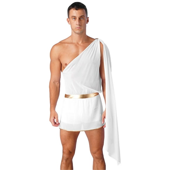 Raenseen Mens One Shoulder Greek Toga Short Jumpsuit Ancient Roman Knight Warrior Cosplay Costume Outfits White S