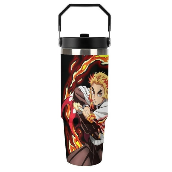 30oz Tumbler with Handle And Flip Straw Lid Demon Slayer Rengoku Kyojuro Stainless Steel Bottle Double Wall Insulated Travel Coffee Mug