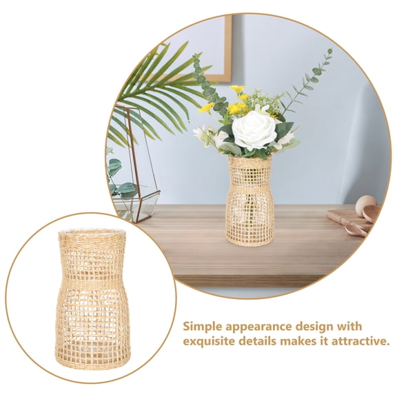 FUEENIRVA Stylish Cylindrical Glass Vase with Rattan , Decorative Flower Vase for Home, Office, Living Room - Single Piece