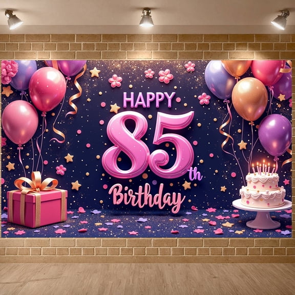 Pink Theme Happy 85th Birthday Banner Gold Stars 85th Birthday Display Colorful Balloons Gift Box Design 85th Celebration Backdrop for 85th Birthday Party Elderly Celebration Indoor Decoration