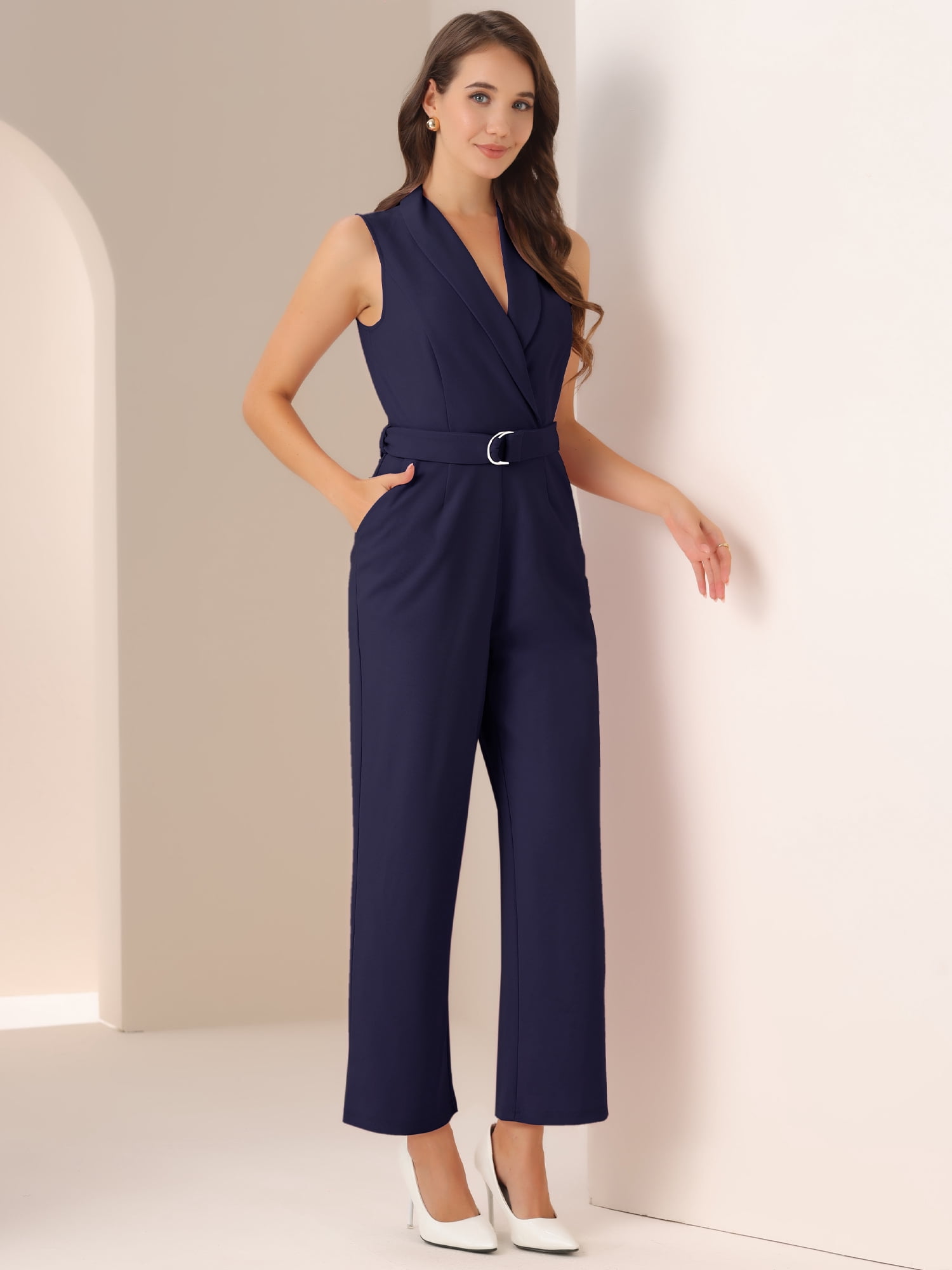 DARING DIVA Women's Casual Sleeveless Shawl Collar Office Jumpsuit L Navy Blue