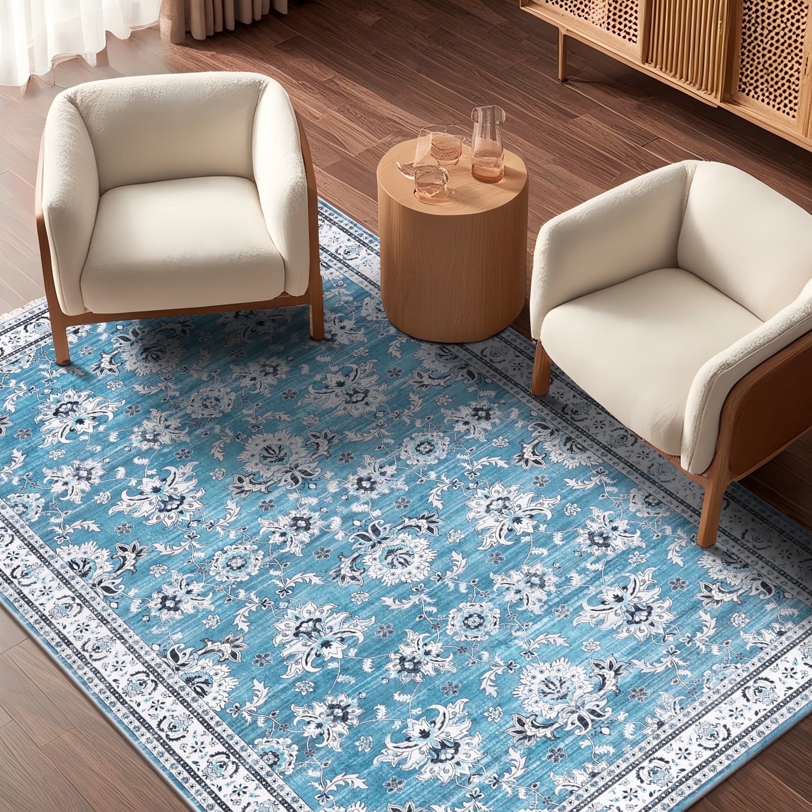 LOKHOM 5'x 8' Bohemian Area Rugs for Living Room, Non-Slip Backing Machine Washable Carpet, Blue