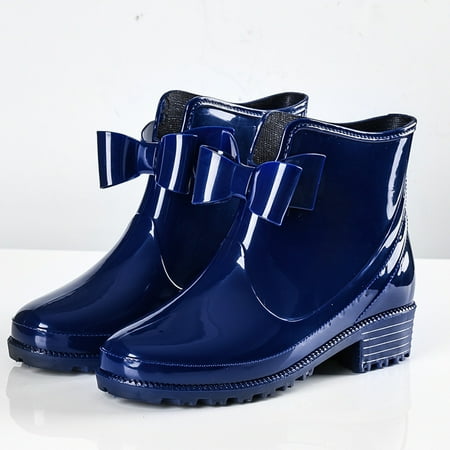 

Mepaouo Women s Rain Boots Heel Bowknot Waterproof Garden Shoes Slip on Ankle Booties(Blue 6.5)