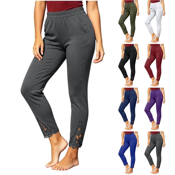 GERsome Women's Leggings Floral Lace Ankle Trim Slim Fit High Waisted with Pockets Casual Athletic Work Pants
