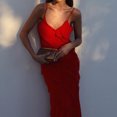 thumbnail image 4 of Vestido De Tirantes Finos Vestido de tirantes finos para mujer, sin mangas, con volantes, vestido dividido de cóctel (rojo L) Ygjytge para Mujer Rojo T L, 4 of 7