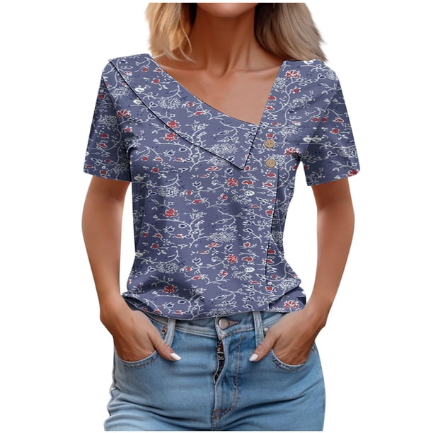 Top de Verano Mujeres Cuello en V Casual Top de Manga Corta, Ligera Primavera Y Blusa de Verano para las Mujeres