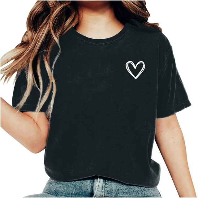 AherBiu Hauts d'Été pour Femmes Manches Courtes Haut Confortable T-Shirts Imprimé Cœur Col Rond T-Shirts Basiques Blouse