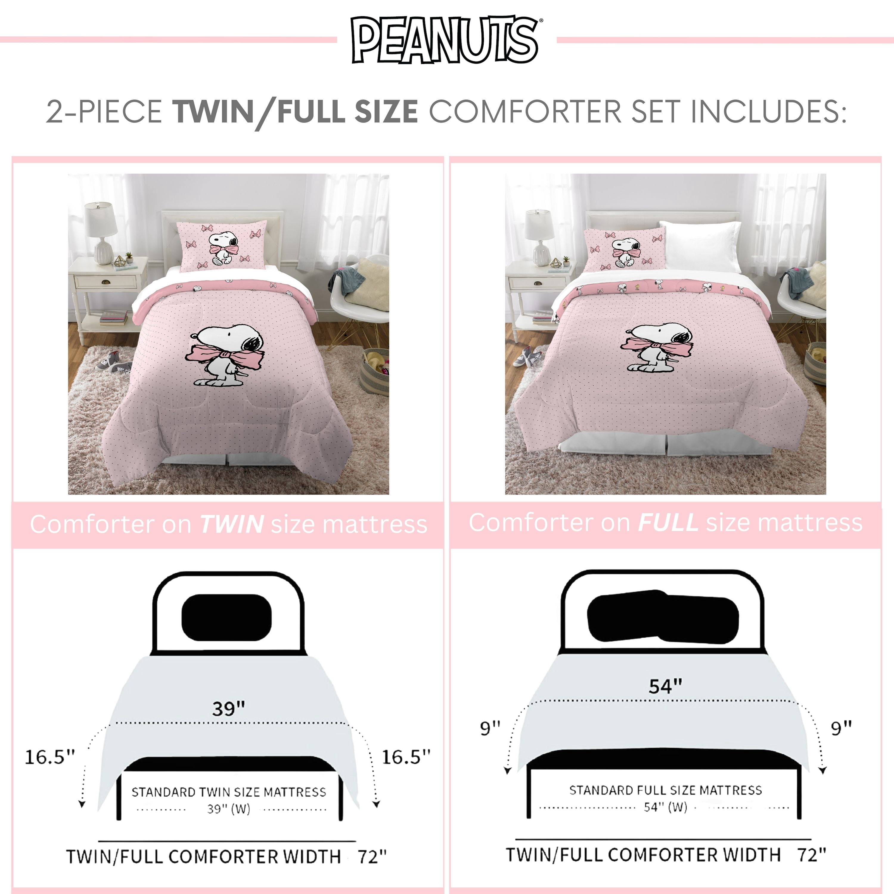 Peanuts Snoopy Pink Coquette Reversible Comforter and Pillowcase set, Twin/full