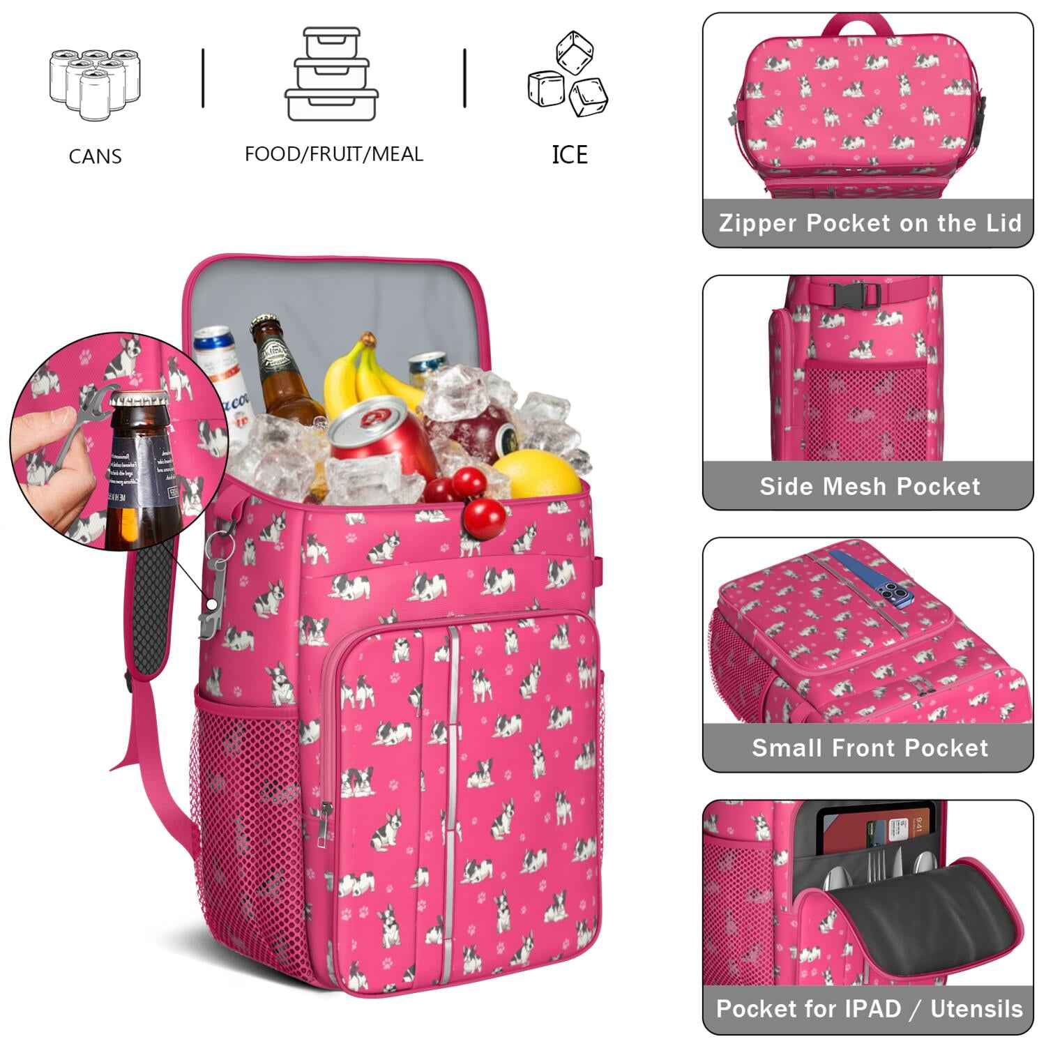 Travel Cooler Bag - Boston Terrier on Red Background Camping Beer Cooler Backpack with Bottle Opener- Waterproof Insulated Picnic Backpacks - Cooler Bag for Beach