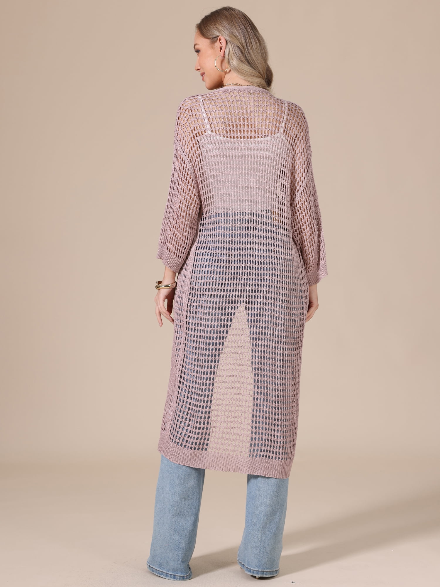 DARING DIVA Women's Long Sleeve Hollow Out Crochet Open Front Long Cardigan XL Pink