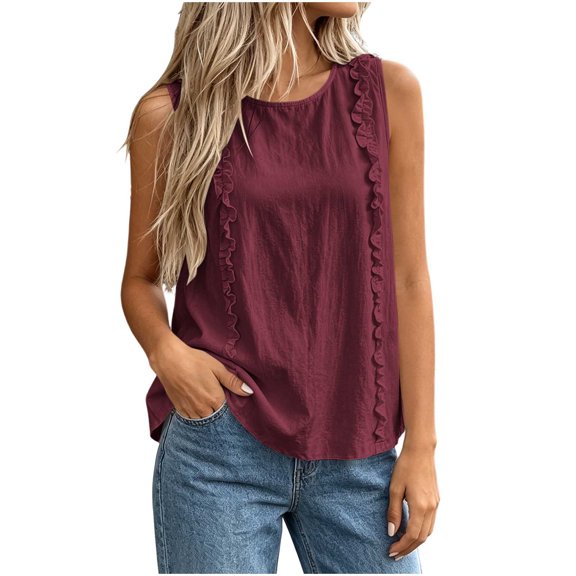 Women's Ruffle Detail Sleeveless Tank Tops Summer Petite Plain Crew Neck Tee Casual Travel Tops Wine