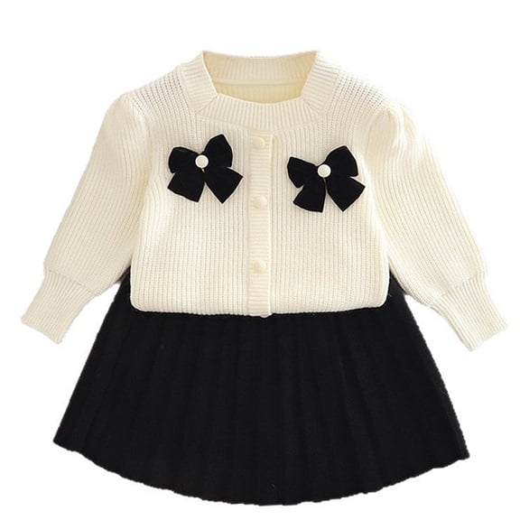SYMOID Kids Girls' Beige Two-Piece Outfit Set: Knitted Top & Pleated Skirt with Bow, Soft Polyester, 2T-7T, Button-Front Easy-On for Daily Wear/School,Size 5-6T