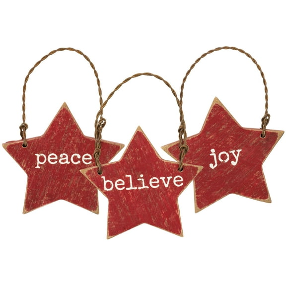 Primitives By Kathy Wooden 2 inches x 2 inches Hanging Ornament Joy Peace Believe Set of 3