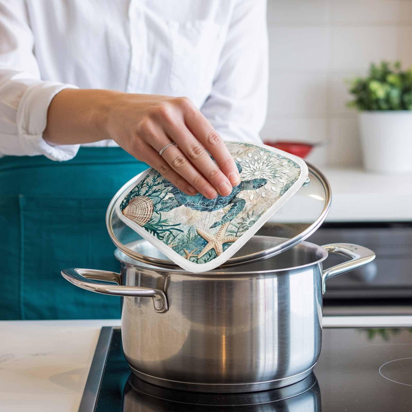 Teal Coastal Turtle Pot Holders for Kitchen Heatproof Potholder, 4 Pack Vintage Summer Beach Nautical Coral Hot Pads Multipurpose Oven Pads Cloth Potholders Trivet for Cooking and Baking