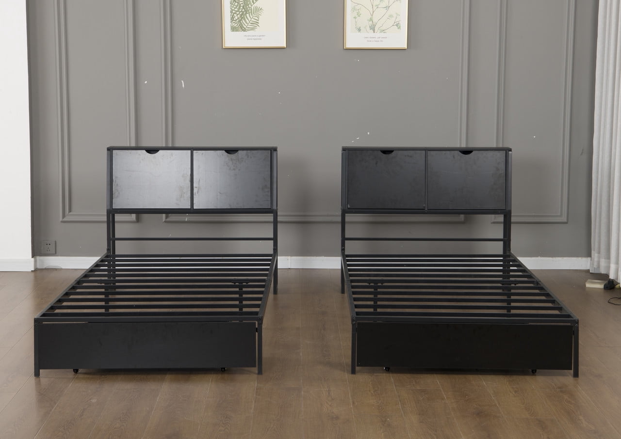 2 x Twin Size Metal Platform Bed Frame with Storage Headboard, Detachable Daybed with LED Lights, Drawers and Side Shelves