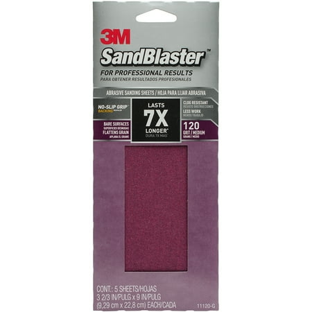 3M SandBlaster Sandpaper with NO-SLIP GRIP Backing, 3-2/3 in x 9 in, 120 grit, 5 sheets/pk