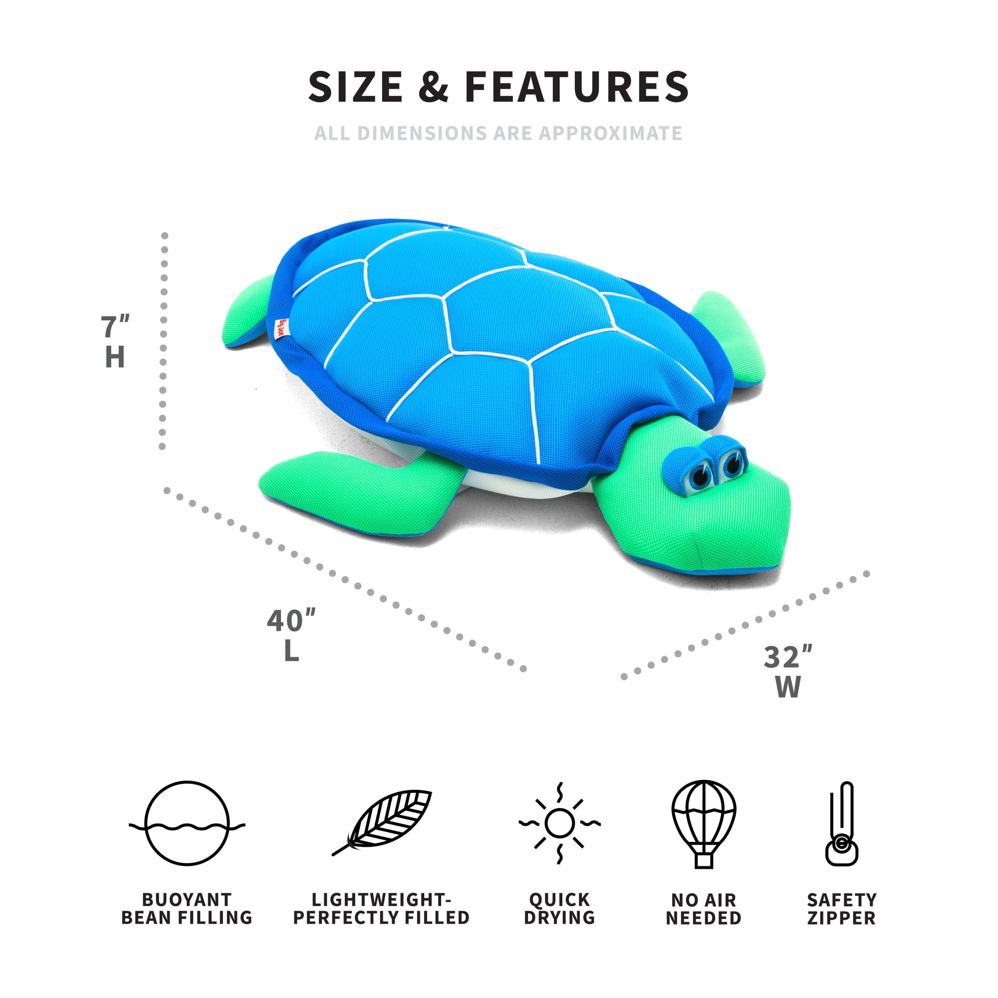 Big Joe Pool Petz Large Turtle Animal Pool Toy Float, Turtle Shape Mesh, Quick Draining Fabric, 3 feet
