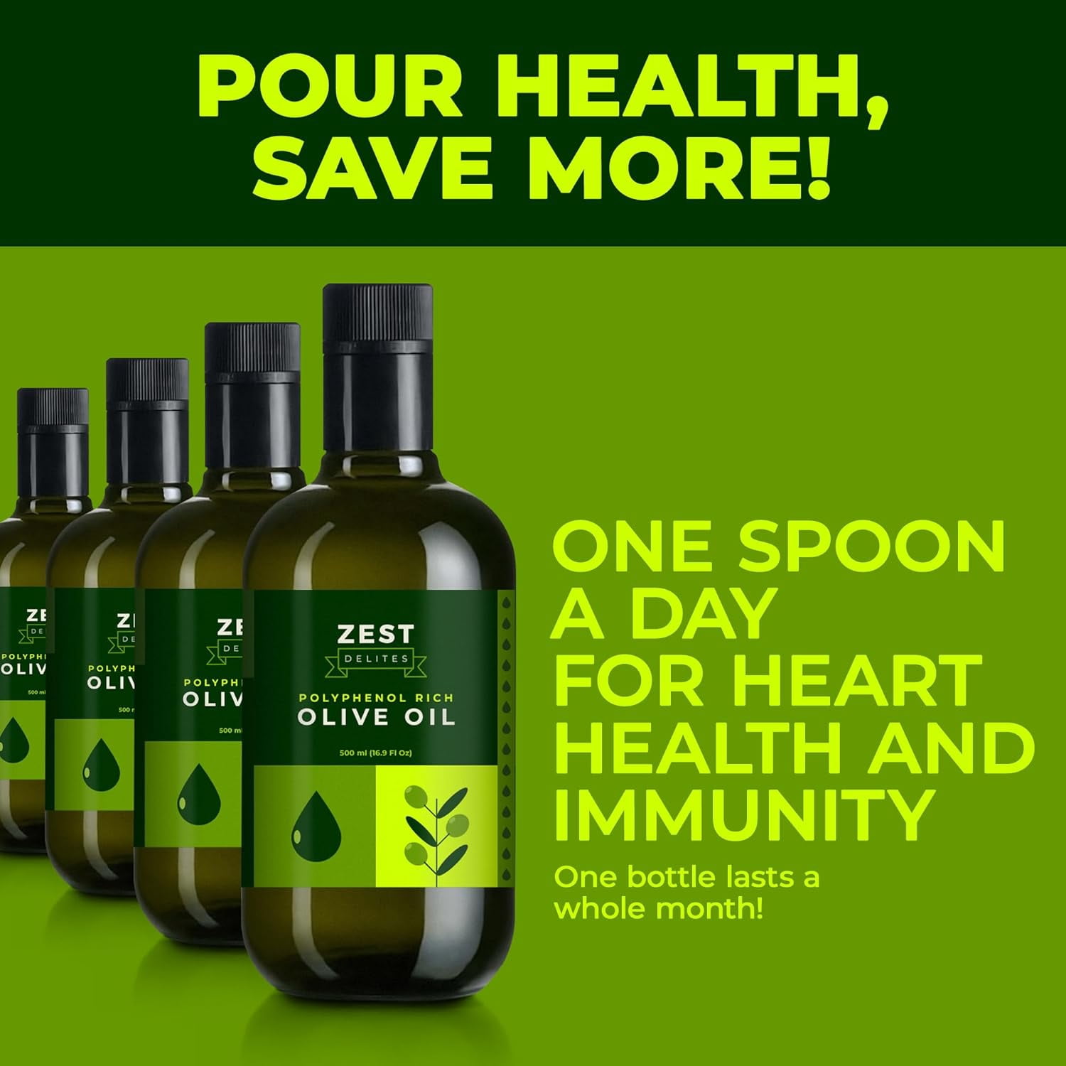 Polyphenol Rich Olive Oil Extra Virgin by Zest Delites, Up To 770 mg/kg High Polyphenol Olive Oil, Cold Pressed EVOO, Heart & Immunity Support, Single Origin, Gold Award, New Harvest, 16.9 fl oz