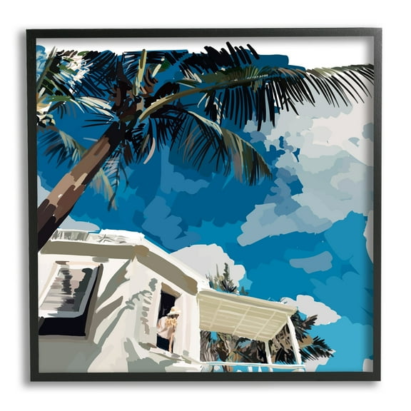 Stupell Industries Tropical Summer Cottage Girl Clear Blue Sky Graphic Art Black Framed Art Print Wall Art, Design by Amelia Noyes
