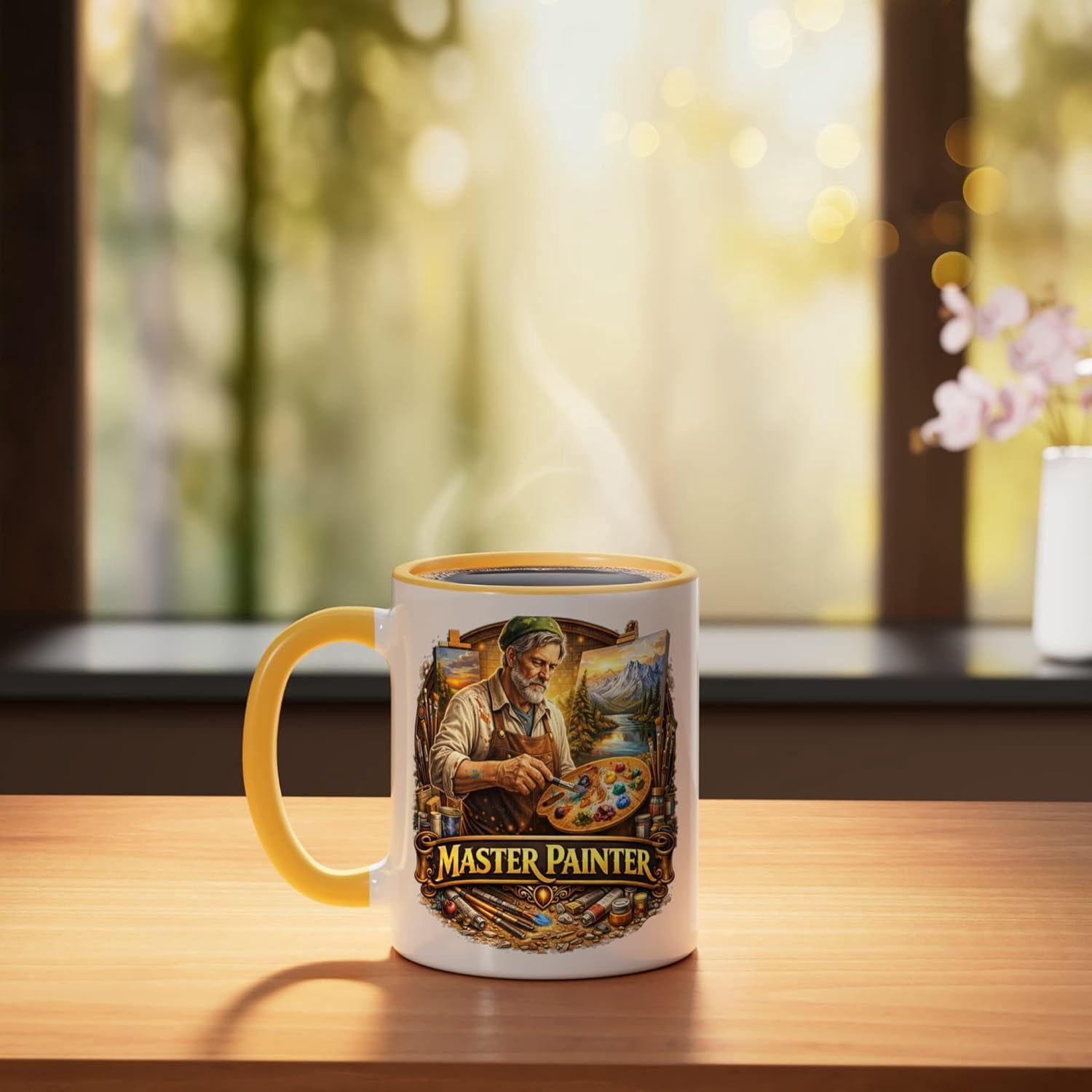JJEAN-Master Painter Old Man Easels Paint Brushes Ceramic Mug, Yellow/White