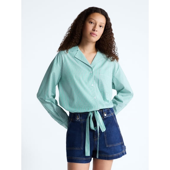 Free Assembly Women's and Women's Plus Cotton Poplin Tie Waist Shirt with Long Sleeves, Sizes XS-4X