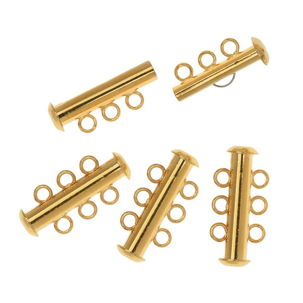 Slide Tube Clasp, 3 Rings Strands 21.5mm, 4 Clasps, Gold Plated
