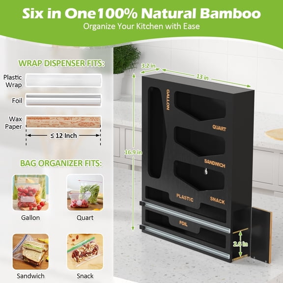 6 in 1 Bag Organizer and Wrap Dispenser with Magnetic Lid - Plastic Wrap Dispenser with Cutter for Kitchen Drawer, Storage for Gallon, Quart, Sandwich, Snack Bags, and Foil Black