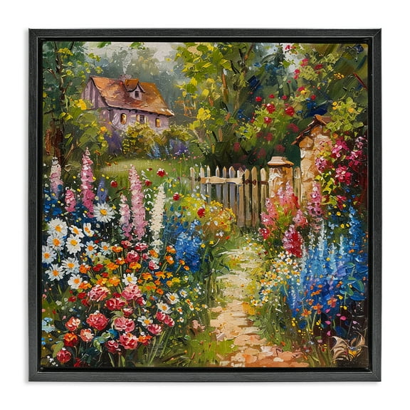 Stupell Industries Blooming Spring Cottage Landscape & Nature Painting Black Floater Framed Canvas Art Print Wall Art, 18 x 18