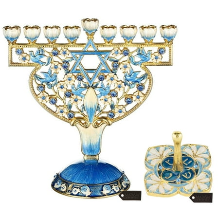 Matashi Hand Painted Enamel Menorah Candelabra w Doves & Flowers Design & Floral Spinning Dreidel Holiday Ornaments (Pewter) w/ Gold Accents & Crystals Jewish Candle Holder Hanukkah Gift Jewish Decor