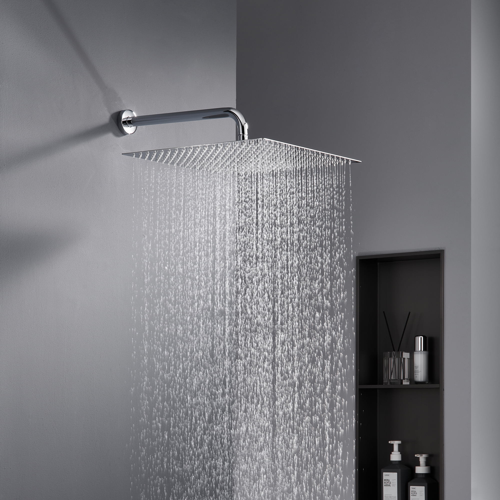 ALWEN 16 Inch Rain Shower Head Chrome, Square Ultra Thin 304 Stainless Steel High Pressure Shower Head, Large Size Rainfall Shower Head, Full Body Coverage Modern Waterfall Shower Head