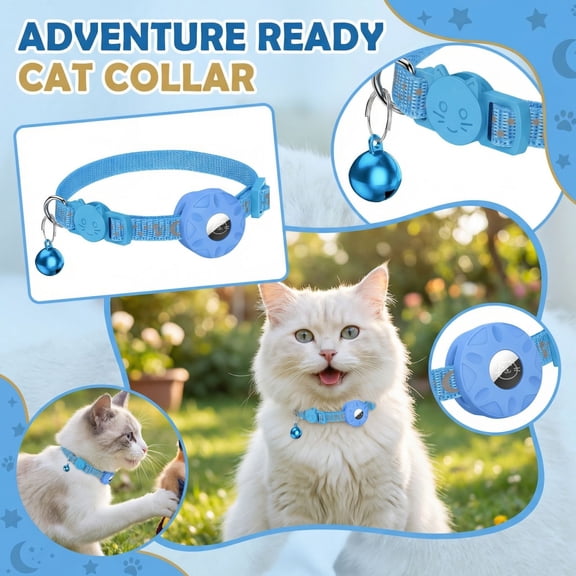 Collar for Cats, Cat Breakaway Collar, Silicone Sleeve, Quick Release Buckle, Reflective Material, Blue Woven Webbing, Metal Bell, Gps Case, Adjustable Neck, 1 Pc