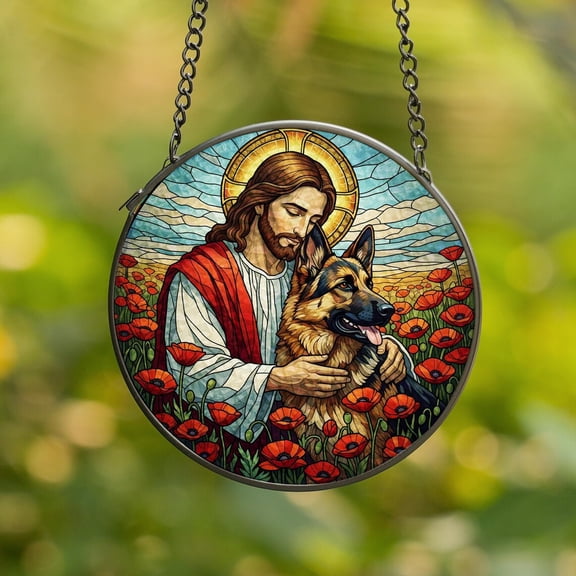 Jesus and German Shepherd Glass Suncatcher, Christian Pet Memorial Dog Art Religious, 3.5 in