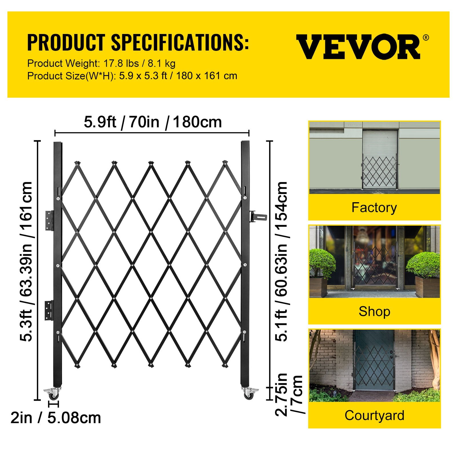 Folding Security Gate, Steel Accordion Design, 5.1'H x 5.9'W with padlock