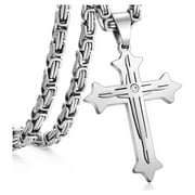 Mens Stainless Steel Cross Pendant Necklace 5mm Byzantine Link Chain Religions Jewelry