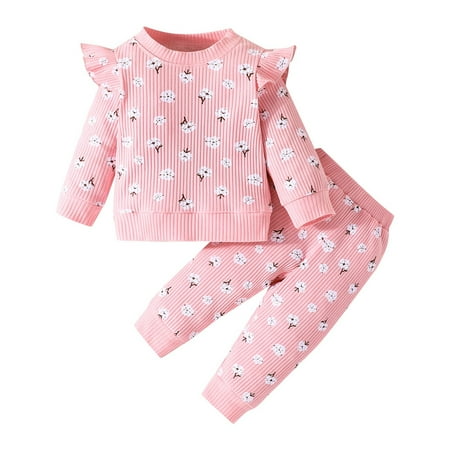 

Girl s Clothes Outfits Casual Baby Toddler Kids Sets Soft Cotton Warm Crewneck Floral Pattern Long Sleeve Pullover Pants Comfortable Outerwear Suits Pink 12-18 Months