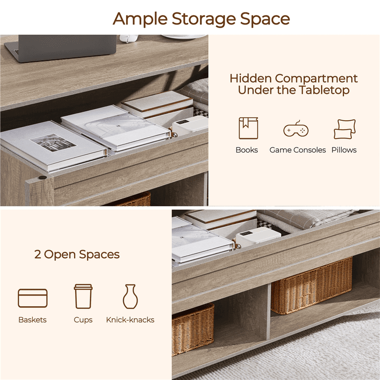 Yaheetech 39.5in Lift Top Coffee Table with Storage & Shelves photo 6