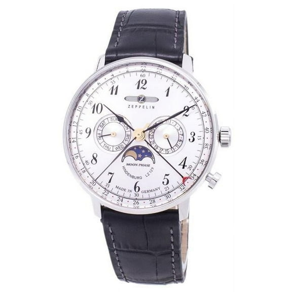 Men's Hindenburg 40mm Black Leather Band Steel Case Quartz Silver-Tone Dial Analog Watch 7036-1