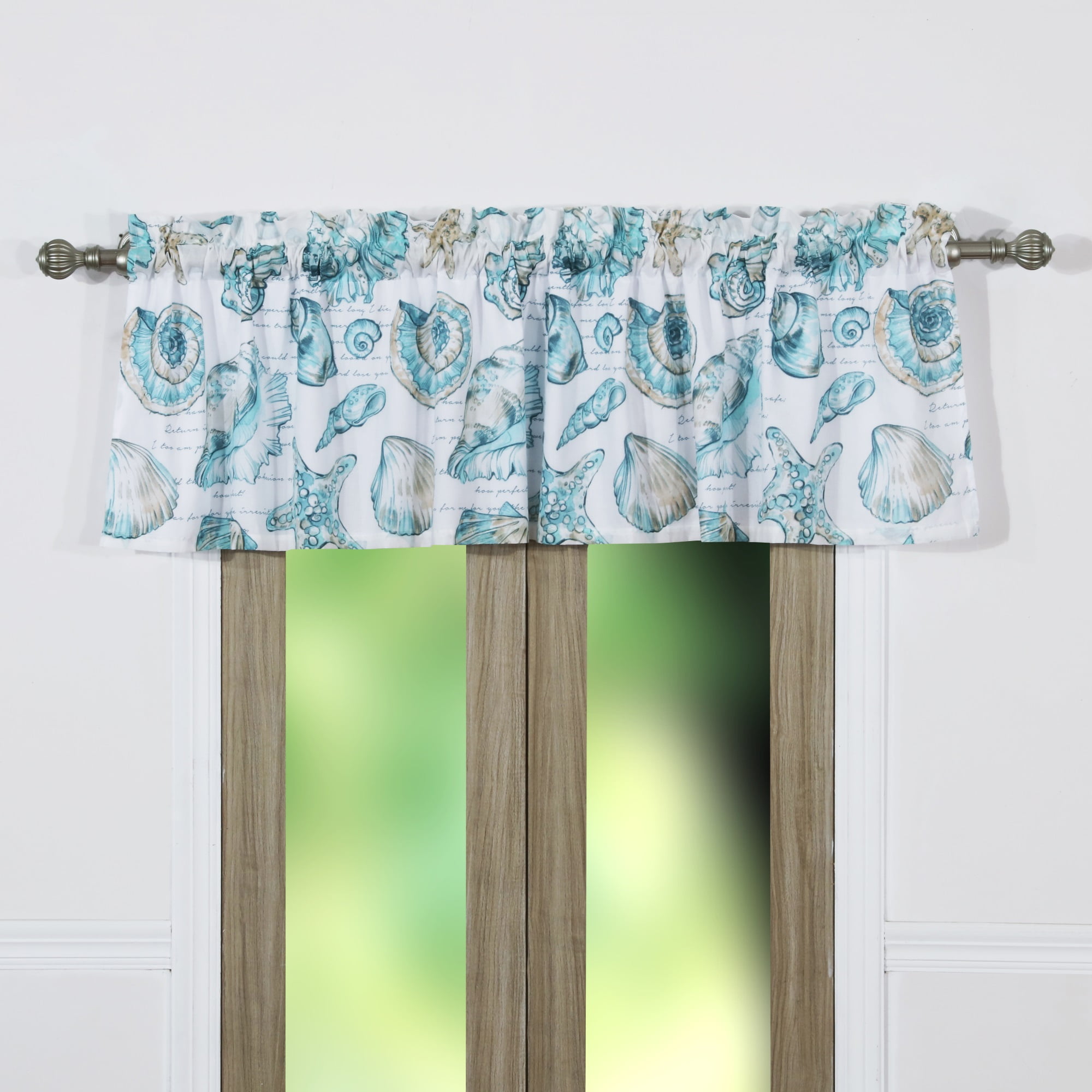 Polyester Window Valance with Seashell Print, White and Blue