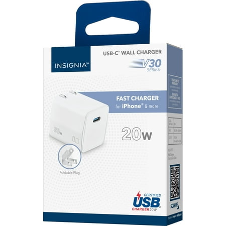 Insignia 20W USB-C Foldable Compact Travel Charger - White for Macbook Air M1/M2/M3, iPhone 15/14/13/12 SERIES, Samsung Smartphones, and Tablets